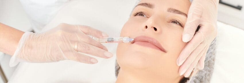 Cosmetologist makes fillers injection for lips augmentation and volume cosmetic procedure