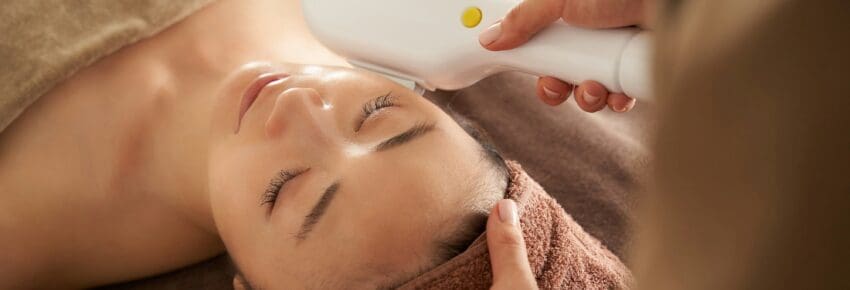 Japanese woman getting a photo facial at an aesthetic salon