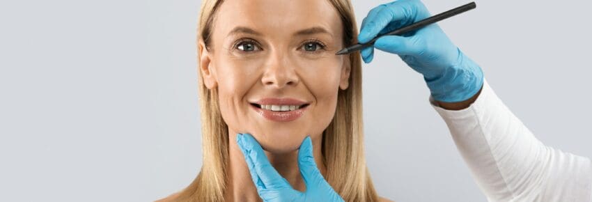 Plastic surgeon drawing lines on middle aged woman face