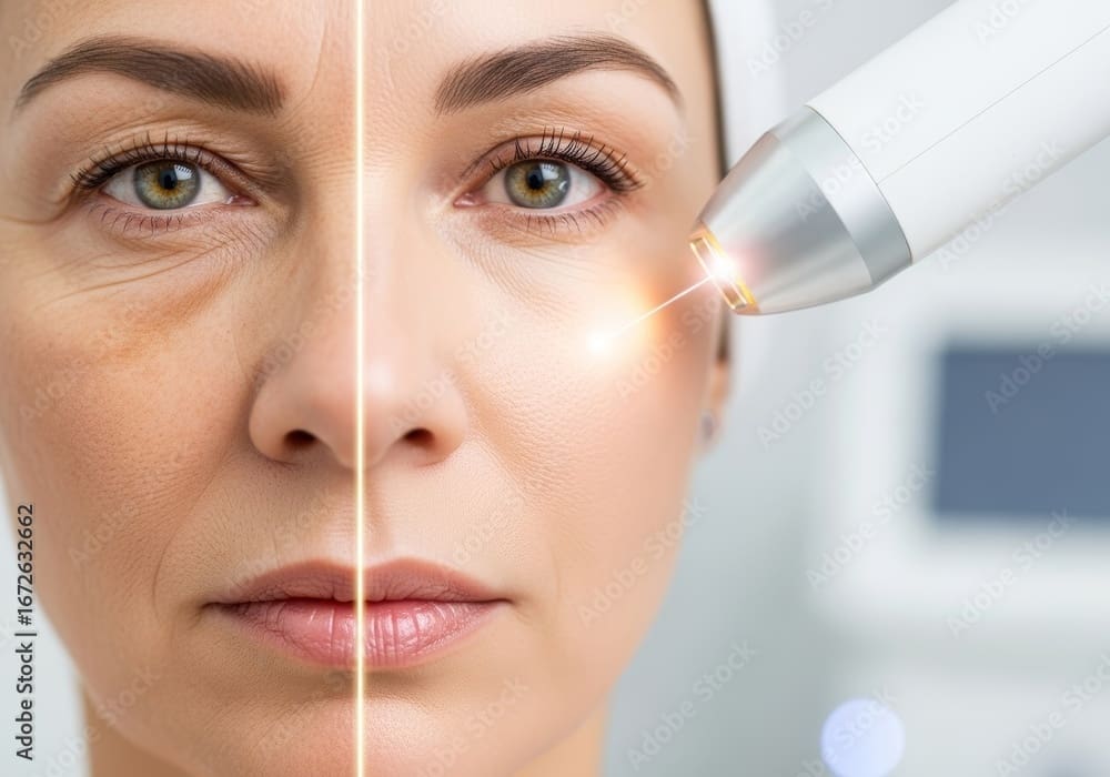 Beautiful woman's face, half before and half after laser skin rejuvenation. Wrinkles and spots disappear, revealing smooth, radiant skin. Aesthetic medicine and anti-aging.