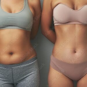 Tummy tuck, two fat women with flabby bellies on gray background, plastic surgery and body positive concept hyper realistic