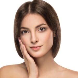 Beautiful woman happy portrait with long hair close up studio on white