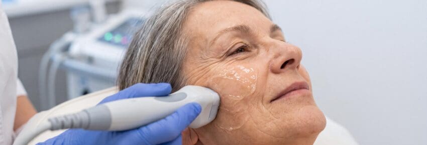 Senior woman receiving ultherapy skin tightening treatment at a beauty clinic.
